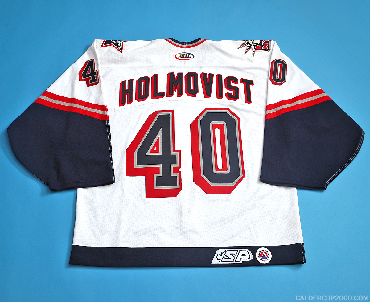 2002-2003 game worn Johan Holmqvist Hartford Wolf Pack jersey